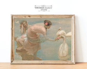Antique Swan Lake Painting | Vintage Victorian Woman Painting | Swan Art | Printable Art | DIGITAL PRINT Wall Art