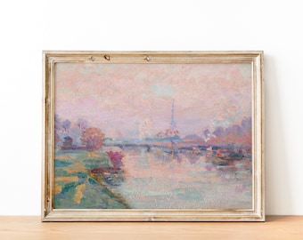 French Paris Antique Cityscape Painting | Vintage French Inspired Wall Art in Pastel Pink |  DIGITAL PRINT Wall Art