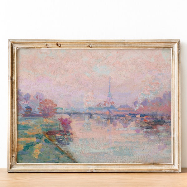 Französisches Paris Antike Stadtbild Gemälde | Vintage französisch inspirierte Wandkunst in Pastellrosa | DIGITAL PRINT Wandkunst