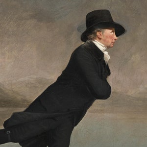 Op de afbeelding: Een schilderij van een man in een zwarte jas en hoed, staand in profiel tegen een lichtbruine achtergrond.