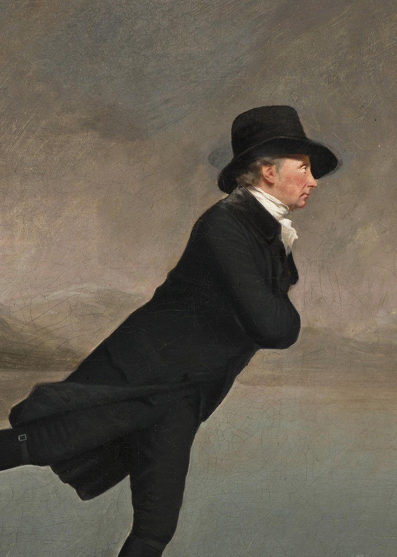 Op de afbeelding: Een schilderij van een man in een zwarte jas en hoed, staand in profiel tegen een lichtbruine achtergrond.