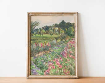 Vintage French Antique Country Cottage Landscape Flower Garden Painting | English Garden Farmhouse Painting | DIGITAL PRINT