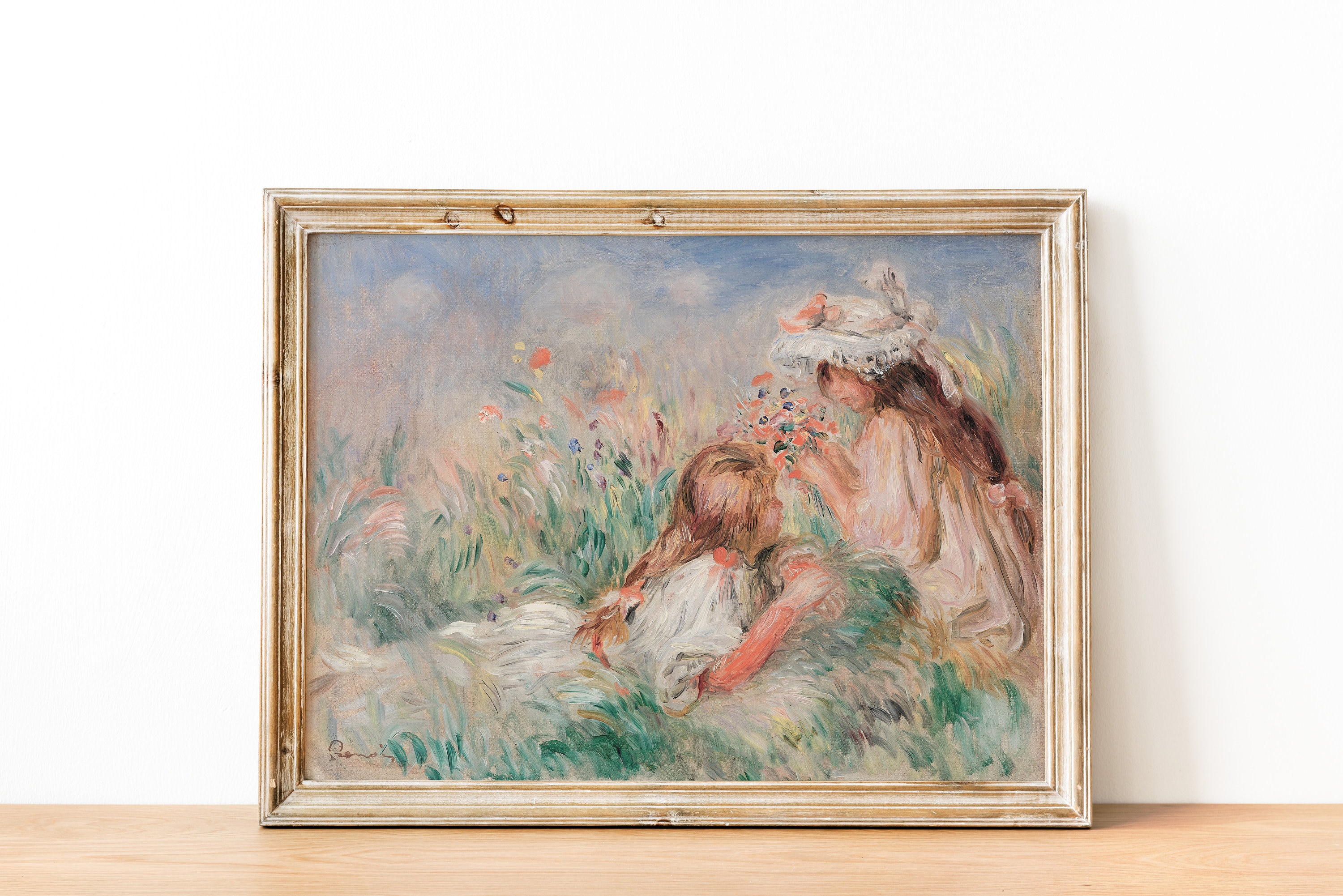 Sisters French Antique Country Cottage Landscape Flower Garden Meadow Painting | Girls Room Vintage Nursery Garden Print | DIGITAL PRINT