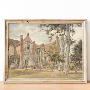Vintage English Countryside Cottage Garden Landscape Painting | Digital Print Wall Art Printable