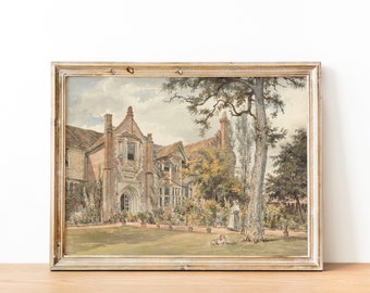 Vintage English Countryside Cottage Garden Landscape Painting | Digital Print Wall Art Printable