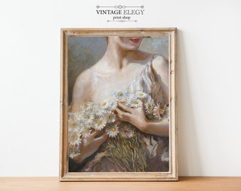 バラ園の女性のヴィンテージ肖像画｜アンティークフランス風油絵