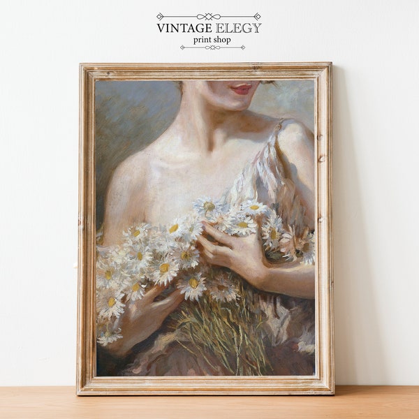 Lady With Daisies Bouquet Painting | Antique Flowers Aesthetic Print | Daisies Wall Art | Victorian Woman Portrait | DIGITAL PRINT Wall Art