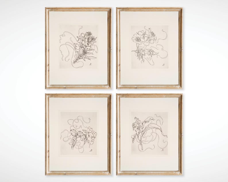 French Antique Black and White Flower Sketch Print Set of 4 | Vintage French Art Botanical Drawings | Digital Print image 2