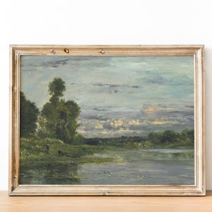 French Victorian Waterfront Lake Landscape Painting | French Antique Art | Vintage Landscape Wall Art | DIGITAL PRINT Wall Art