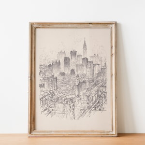 Vintage Schwarzweiss New York City Skizze Skyline Zeichnung, New York City antike Architektur Zeichnung, Stadtskizze Poster, Digitaldruck