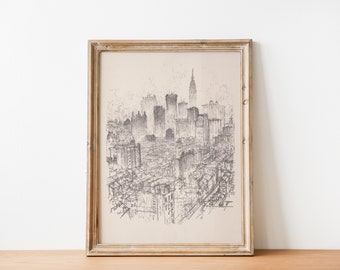 Vintage Black and White New York City Sketch Skyline Drawing, New York City antique architecture drawing, city sketch poster, digital print