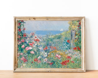 French Country Cottage Landscape Flower Garden Painting | French Antique Garden Print | Farmhouse Painting | DIGITAL PRINT Wall Art