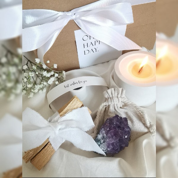 Räucher Set ~ Geschenk Box ~ Geburtstags Box ~ Personalisiert ~ Sojakerze ~ Palo Santo Halter ~ Amethyst ~ Heilstein ~ Räucher Box ~ ~~~