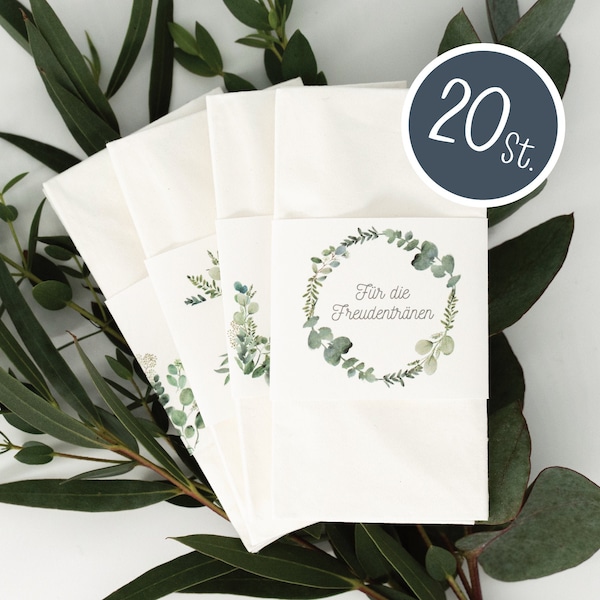 Freudentränen 20x Banderolen | Hochzeit Papeterie | Taschentuch | Naturpapier | 4 Eukalyptus Designs | Weddimoo