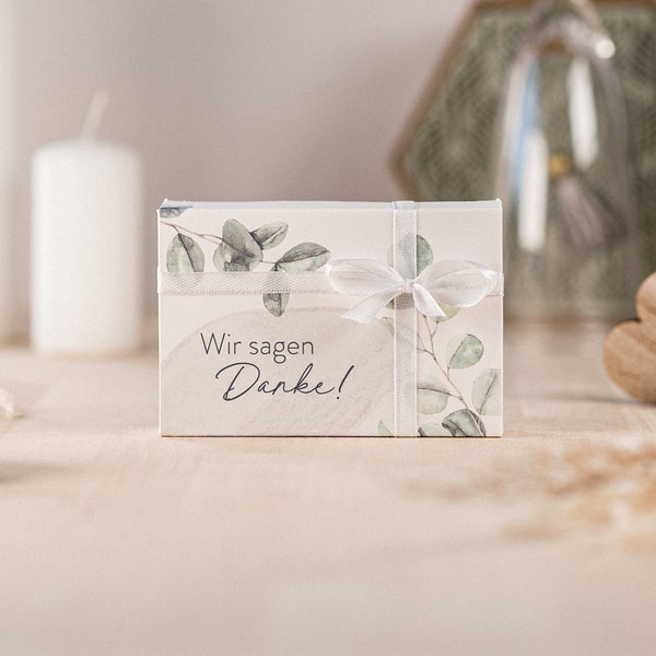 Gastgeschenk Wir sagen Danke! Greenery Eukalyptus Geschenkbox aus Papier. | Hochzeit, Taufe und Kommunion