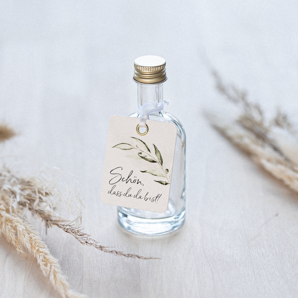 Mini Glasflasche | inkl. Olive Greenery Hangtag | Schön, dass du da bist! | 50ml Volumen | Weddimoo