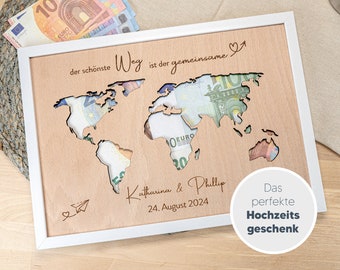 Geldgeschenk zur Hochzeit - Weltkarte Personalisiert | Geldgeschenk aus Holz für das Brautpaar