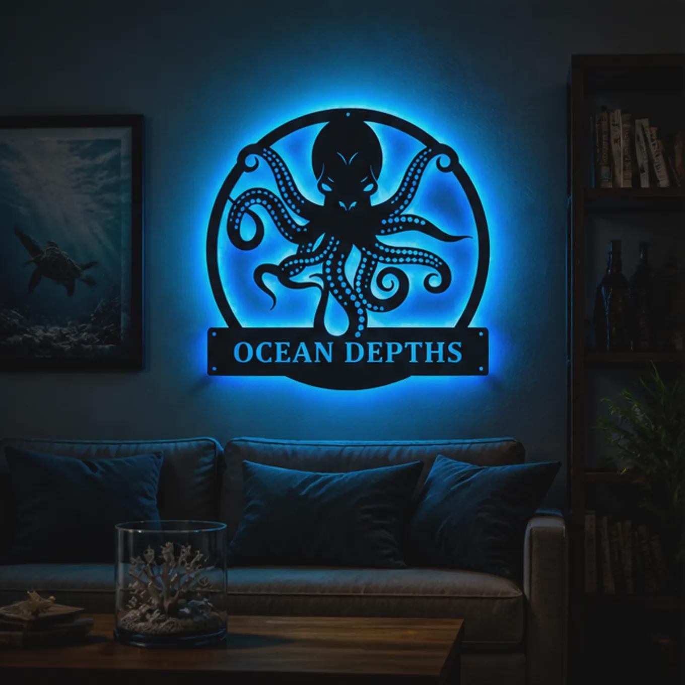 Octopus Monogram Metal Sign With LED Lights, Custom Octopus Metal Signs ...