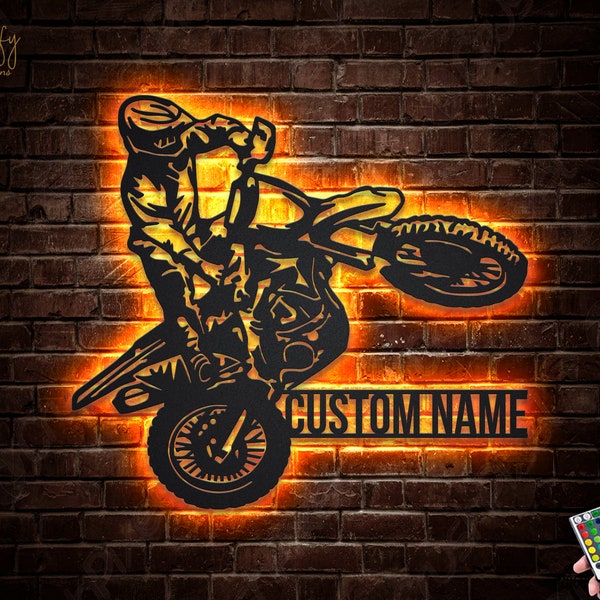 Custom Motocross Dirt Bike Monogram Metal Wall Art With LED Lights, Dirt Bike Metal Wall Decor, Personalized Motocross Biker Metal Signs