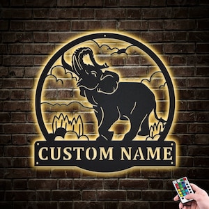 Elephants Metal Sign LED Lights v2, Custom Elephant Floral Metal Sign, Elephant Wall Hanging, Elephant Neon Metal Wall Decor
