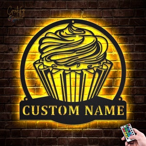 Cupcake Metal Wall Art LED Lights v1, Custom Cupcake Metal Sign, Cupcake Bakery Neon Metal Wall Decor,Bakery Kitchen Wall Hanging