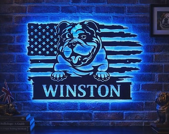 Custom US English Bulldog Dog Metal Sign With LED Lights v2, Personalized Bulldog Metal Sign, Dog Name Sign, Dog Lover Home Decor