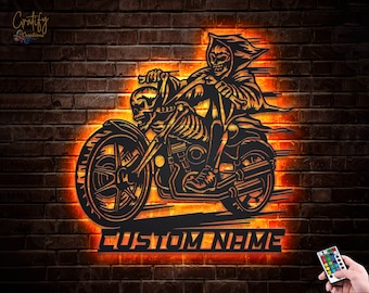 Metall Schädel Motorrad Zeichen, Motorrad Schädel Motorrad Metall Wand Kunst, personalisierte Biker Namen Zeichen, Harley Davidson Zeichen, Geschenk für Biker