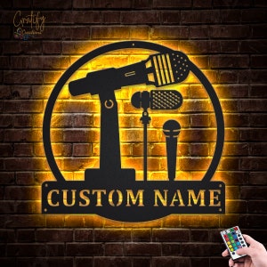 Microphone Metal Sign LED Lights v4, Custom Microphone Metal Signs, Microphone Neon Sign Metal Wall Decor, Micro Neon Wall Hanging