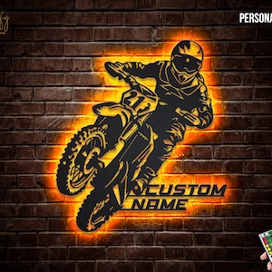Personalized Motocross Rider Metal Sign | Custom LED Dirt Bike Wall Art - Dirt Bike Decor - Great Motorcycle Biker or Motocross Rider Gift