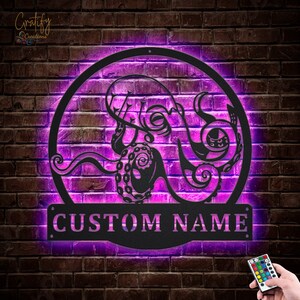 Octopus Monogram Metal Sign With LED Lights V2, Custom Octopus Metal ...