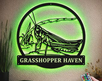 Custom Grasshopper Animal Metal Sign With LED Lights, Personalized Grasshopper Metal Sign, Grasshopper Wall Decor