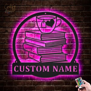 Book Metal Wall Art LED Lights v4, Custom Book Fans Metal Signs, Book Neon Metal Wall Decor, Book Wall Hanging For Decoration