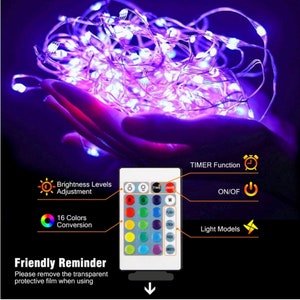 May include: A white string of fairy lights with a remote control that has 16 color options, brightness adjustment, and timer function. The text on the remote control reads "TIME ON/OFF".