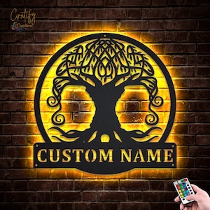 Roots Tree Family Metal Sign LED Lights v6, Custom Family Metal Signs, Tree Of Life Neon Metal Decor, Tree Of Life Wall Hanging