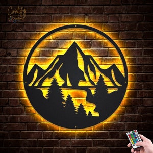 Natura Montagna Foresta Arte murale in metallo Luci LED Decorazione per escursioni Camper Collina Albero Grande cartello avventura Casa Escursionista Decorazione per asilo nido Festa del papà