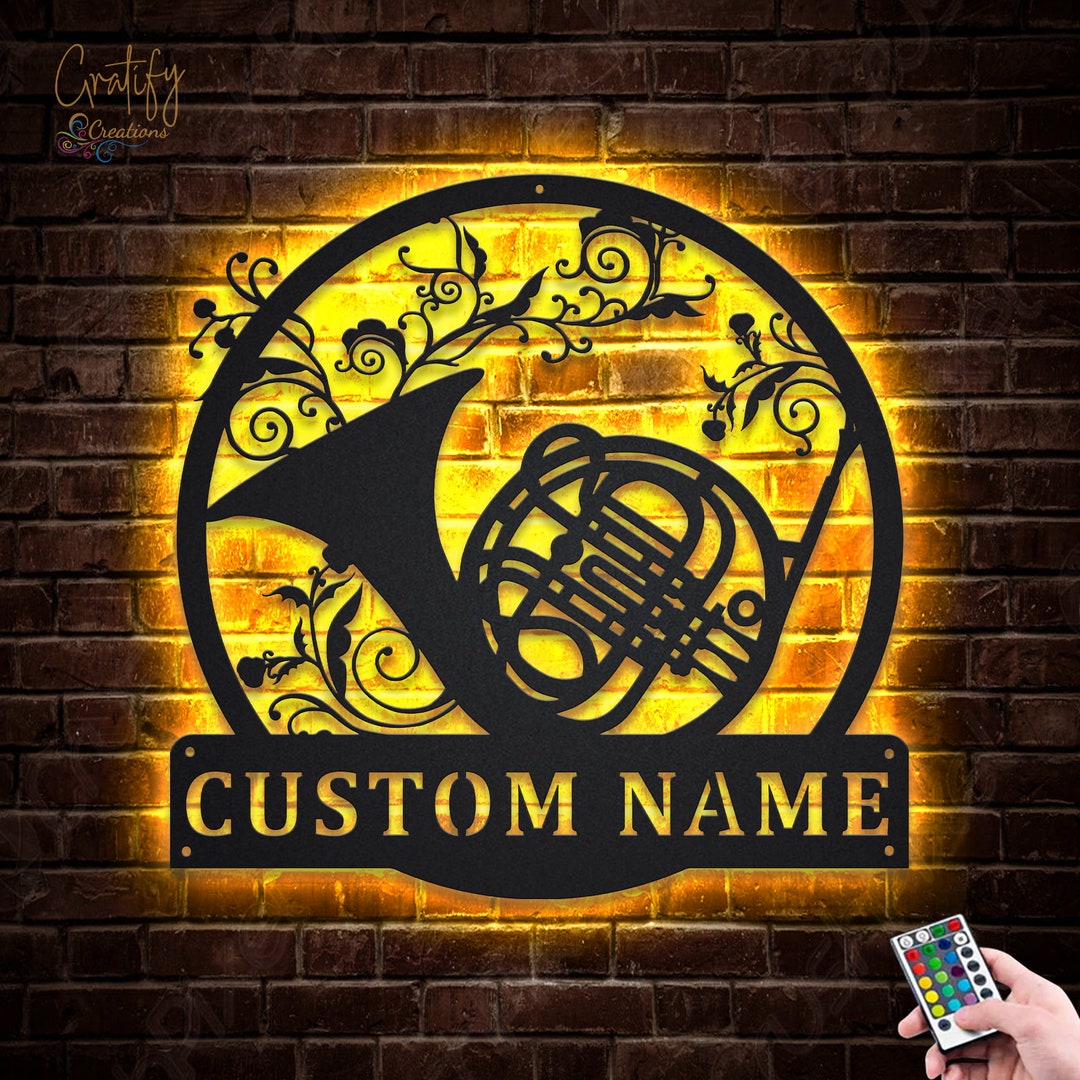 Custom French Horn Music Metal Wall Art With LED Lights, Personalized