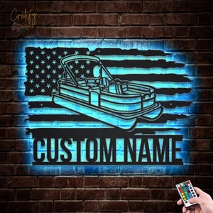 US Pontoon Boat Metal Sign LED Lights v11, Custom Pontoon Boat Metal Sign,Pontoon Boat Neon Metal Wall Decor, Pontoon Neon Wall Hanging