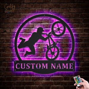 BMX Biker Metal Sign LED Lights v4, Custom BMX Cycle Sport Metal Sign, Biker Neon Metal Wall Decor, Bikers Wall Hanging For Decoration