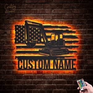 US Excavator Metal Sign LED Lights, Custom Excavator Metal Sign, Excavator Custom Art Home Decor, Excavator Wall Art
