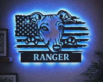 Custom US Greyhound Dog Metal Sign With LED Lights, Personalized Greyhound Metal Sign, Greyhound Name Sign, Dog Wall Hanging For Decoration