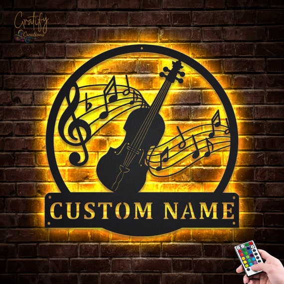 Personalized Fiddle Music LED Metal Wall Sign, RGB Color Changing Music Room Decor, Fiddle Player Gift