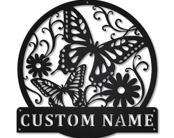 Letrero metálico personalizado de mariposa y flor, letrero metálico personalizado de mariposa y flor, letrero de mariposa para jardín, decoración de pared para jardín
