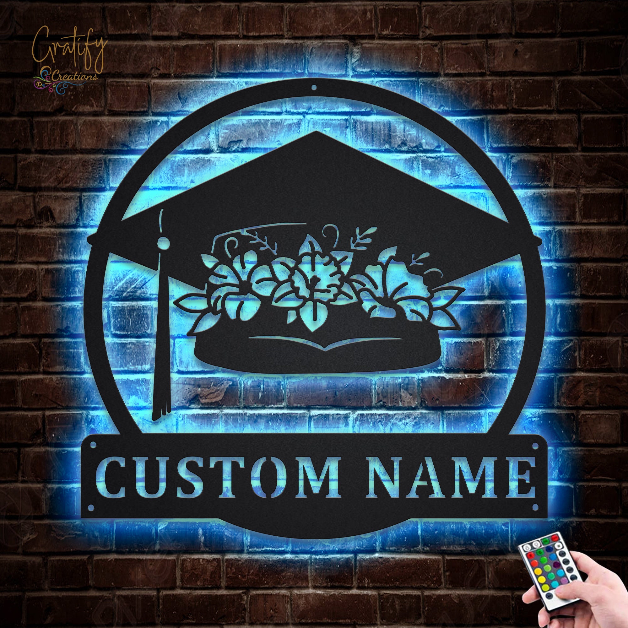Flower Graduation Hat Metal Wall Art LED Lights V1, Custom Graduation ...