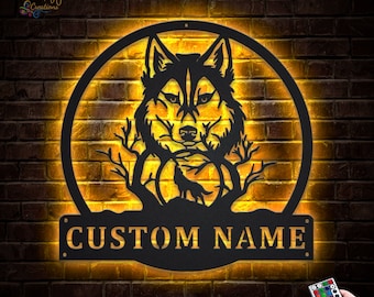 Custom Wolf Monogram Metal Sign With LED Lights,Wolf Metal Wall Art ,Animal Gift, Howling Wolf Sign,Wolf Wall Hanging For Decoration