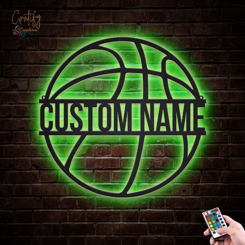 Custom Basketball Monogram Metal Sign With LED Lights , Personalized Basketball Metal Wall Art LED RGB, Basketball Neon Metal Wall Decor