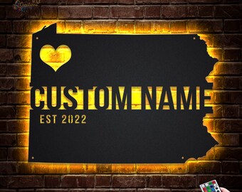 Mapa do estado da Pensilvânia com luzes LED de metal, arte de parede de metal personalizada da Pensilvânia, decoração de parede com letreiro de neon "Nascido na Pensilvânia", neon da Pensilvânia