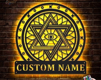 Masonic Freemason Metal Wall Art LED Lights v1, Custom Masonic Metal Sign, Masonic Name Metal Wall Decor, Masonic Wall Hanging