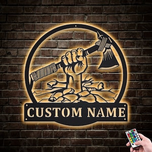 Lumberjack Axe Metal Wall Art LED Lights v6, Custom Lumberjack Metal Sign, Lumberjack Neon Metal Wall Decor, Lumberjack Wall Hanging