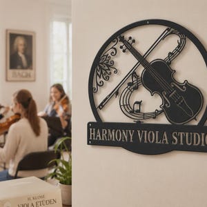 Letrero de pared metálico LED personalizado con forma de viola, decoración para estudio de música con cambio de color RGB, regalo para músicos de cuerda imagen 5