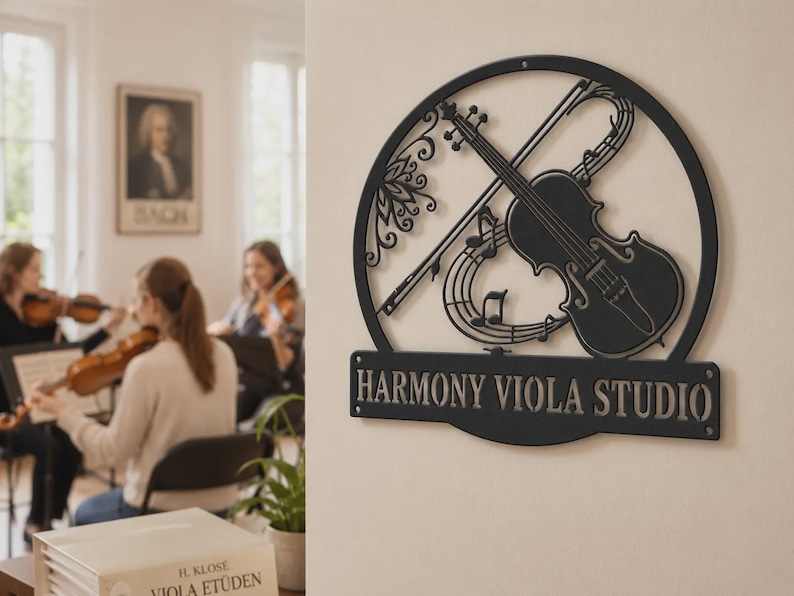 Letrero de pared metálico LED personalizado con forma de viola, decoración para estudio de música con cambio de color RGB, regalo para músicos de cuerda imagen 5
